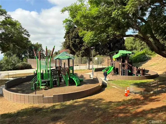 a view of a park with large trees