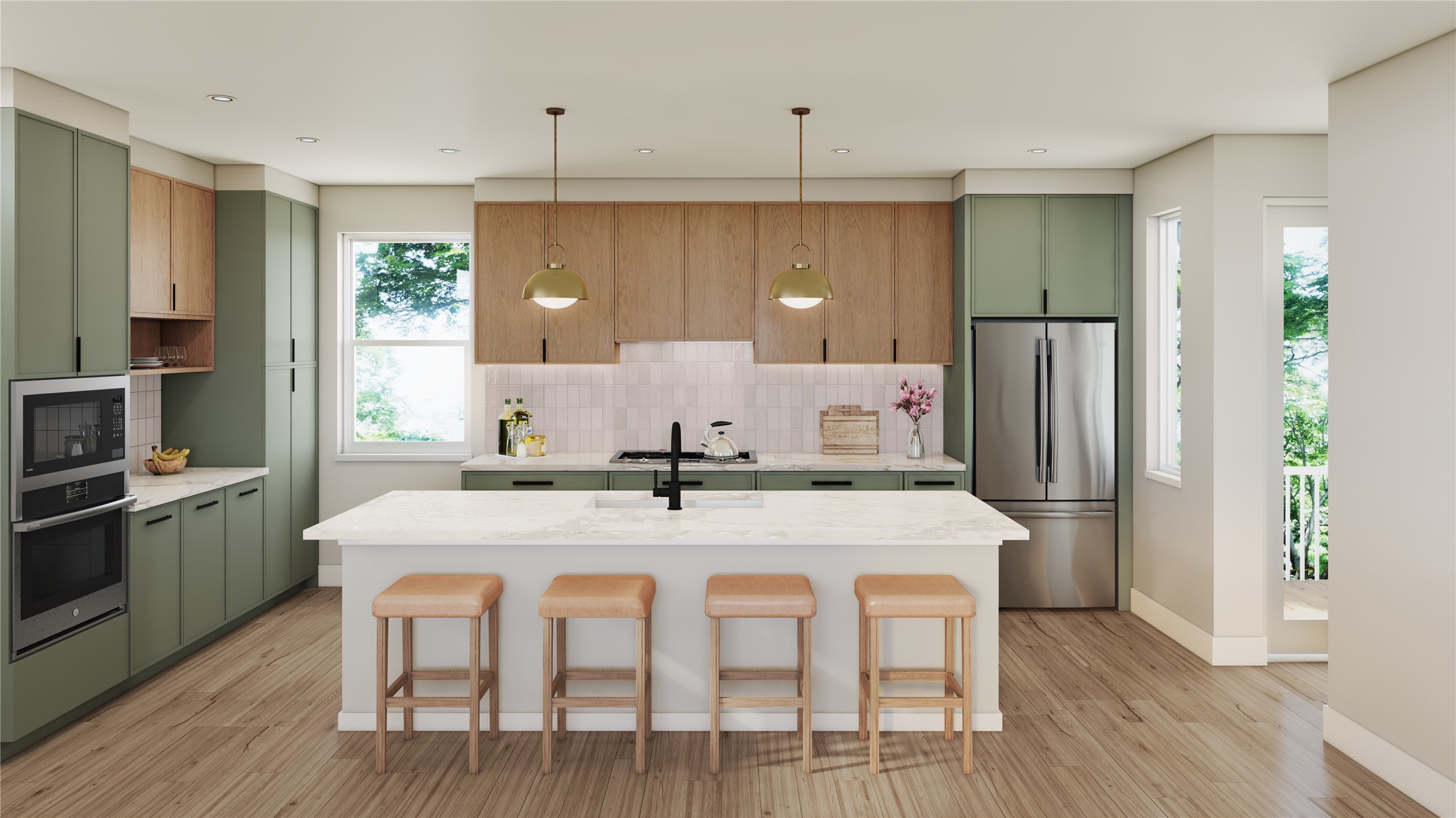 1202 Bianca Breeze Place Austin, TX 78721 - Photo 27 of 39 Kitchen featuring green cabinets, stainless steel appliances, pendant lighting, a kitchen island with sink, and recessed lighting
