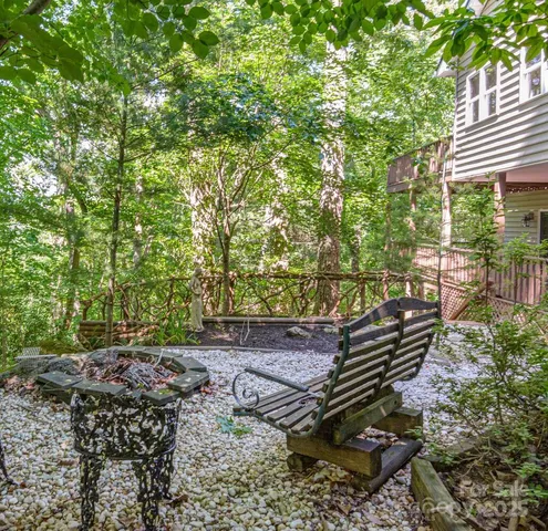 a view of a backyard with plants and trees