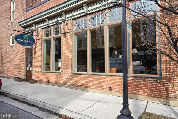a front view of a brick building