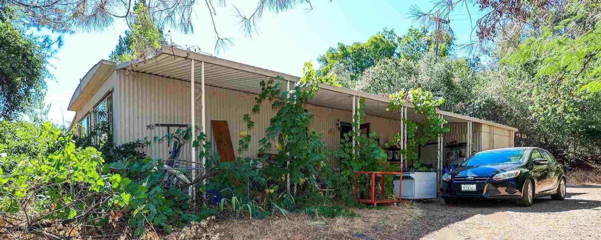 a backyard of a house with table and chairs potted plants and large tree