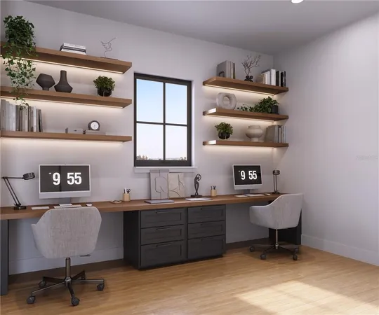 a workspace with furniture and window