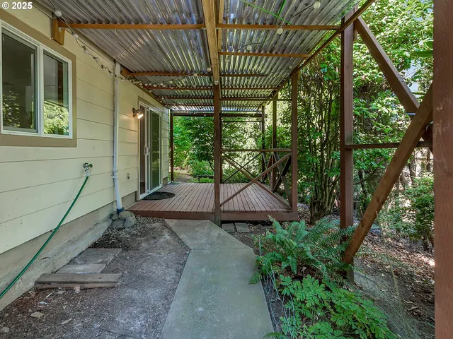 a porch with seating space