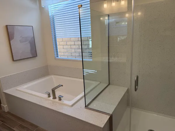 a bathroom with a bathtub and shower