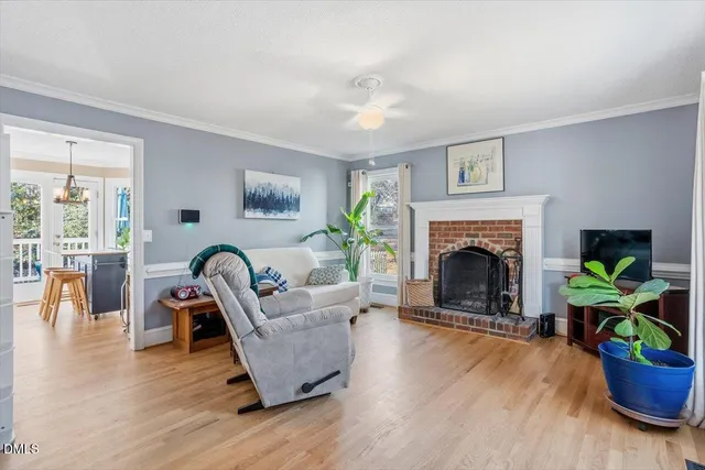 a living room with furniture a fireplace and a potted plant