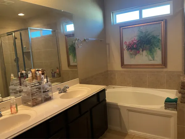 a bathroom with a tub sink and mirror