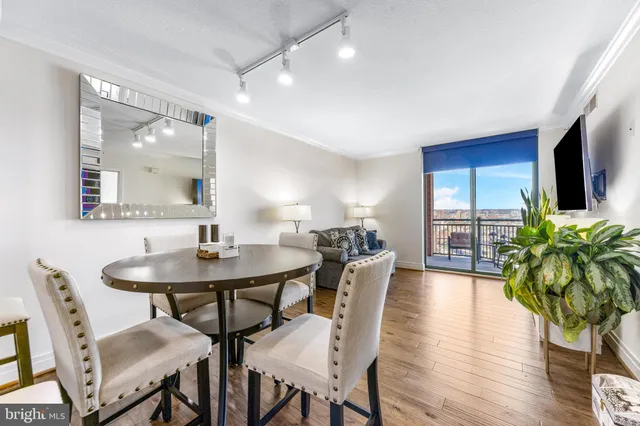 a view of a a dining room with furniture window and wooden floor