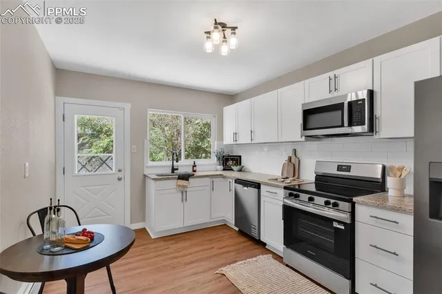a kitchen with a stove a sink and a microwave