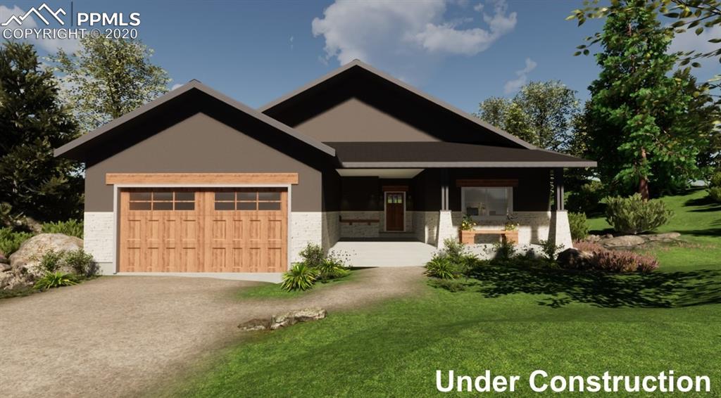 Front rendering of the property. Notice the covered front porch, the office on the right of the home, and the 2-car garage even with the main level. Rendering is not exact to build. Buyer to guarantee finishes with builder. 