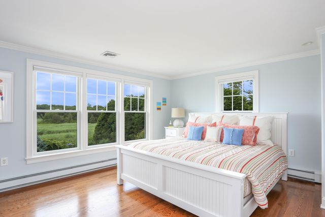 a spacious bedroom with a large bed and a large window