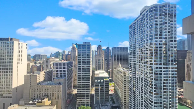 a city view with tall buildings