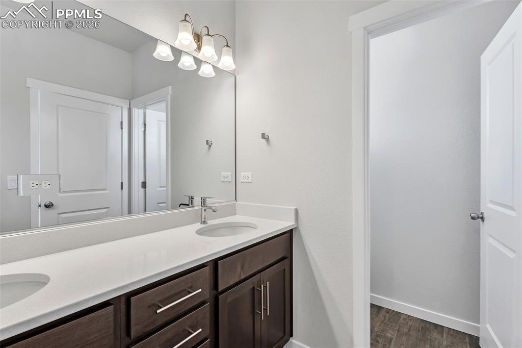13633 Flurry Heights Colorado Springs, CO 80921 - Photo 16 of 31 a bathroom with a sink a vanity and a mirror