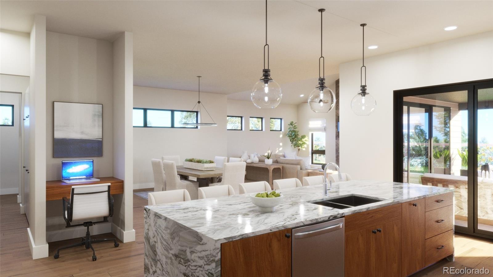 982 Locust Avenue Boulder, CO 80304 - Photo 17 of 29 a kitchen with granite countertop a sink a center island a table and chairs