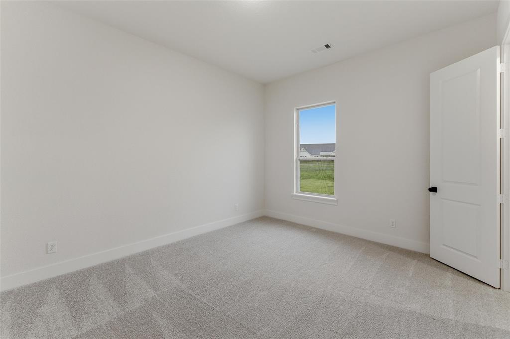 2208 Continent Court Krum, TX 76249 - Photo 15 of 26 Bedroom featuring light gray carpeting, neutral wall tones, a single window with white trim, and a white interior door with matte black hardware