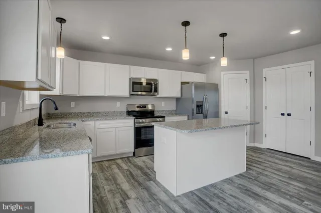 a kitchen with stainless steel appliances granite countertop a refrigerator a sink dishwasher a stove and white cabinets with wooden floor