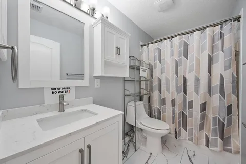 a bathroom with a sink a toilet and shower curtain
