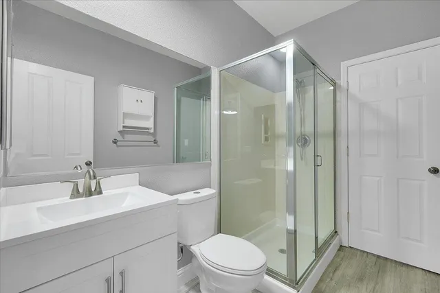 a bathroom with a sink toilet a mirror and shower