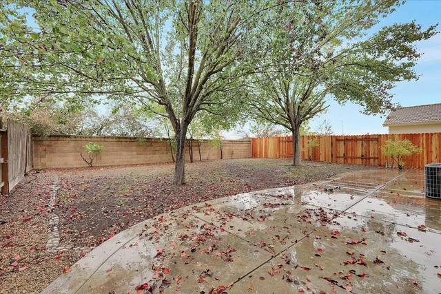 a view of a backyard with large trees