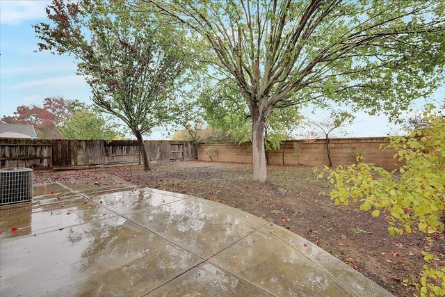 a view of backyard with large trees and wooden fence