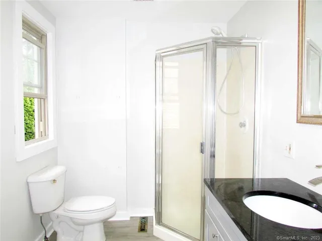 a bathroom with a granite countertop sink toilet and shower