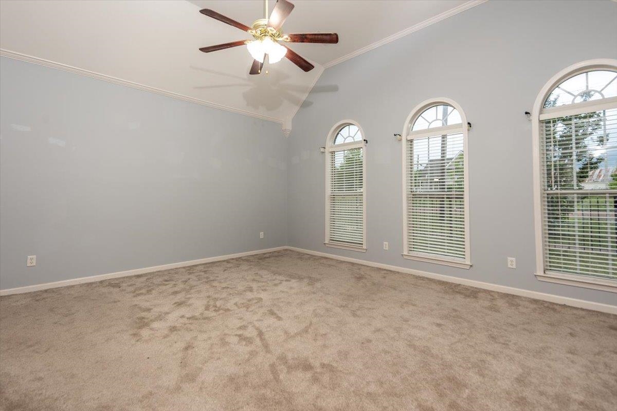 346 Beaver Road Munford, TN 38058 - Photo 13 of 24 MASTER Bedroom with carpet, vaulted ceiling, crown molding, ceiling fan, abundant natural light!