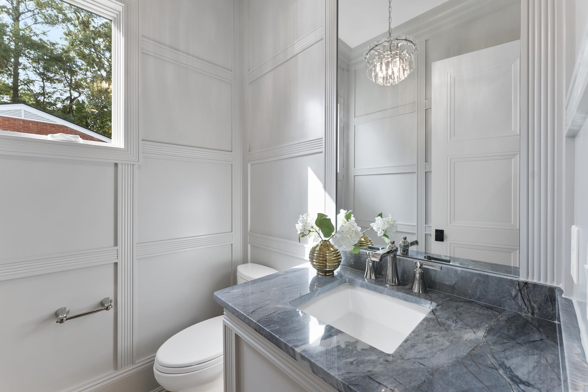 1419 Chester Road Raleigh, NC 27608 - Photo 30 of 41 a bathroom with a granite countertop sink a toilet and mirror