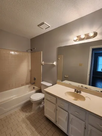 a bathroom with a double vanity sink toilet mirror and bathtub