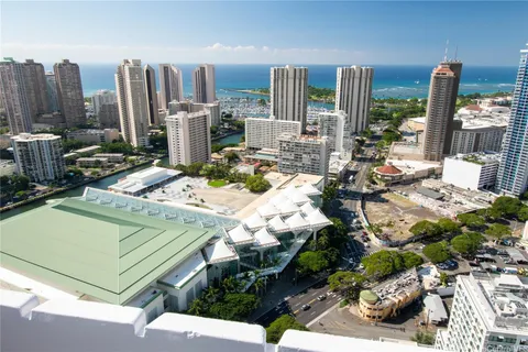 a view of a city with furniture