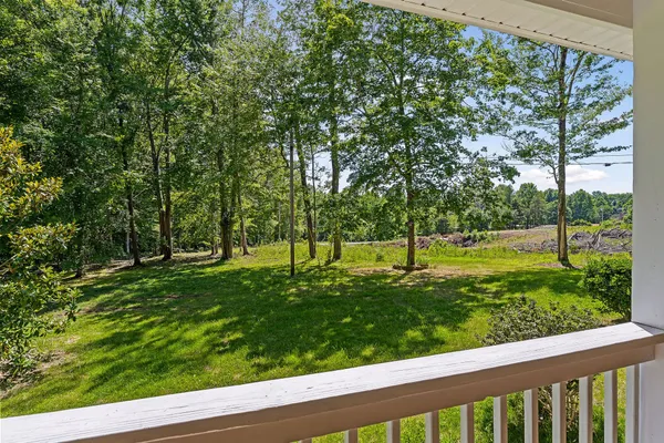 a view of a backyard with large trees