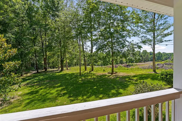 a view of a backyard with large trees
