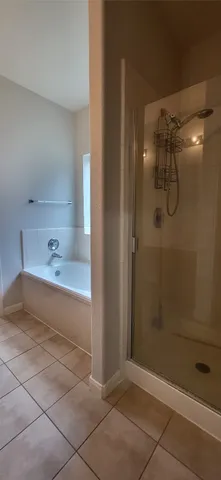 a bathroom with a bathtub and shower