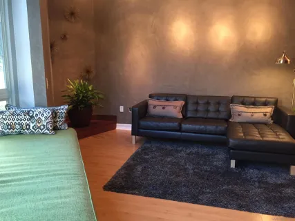 a living room with furniture and a potted plant