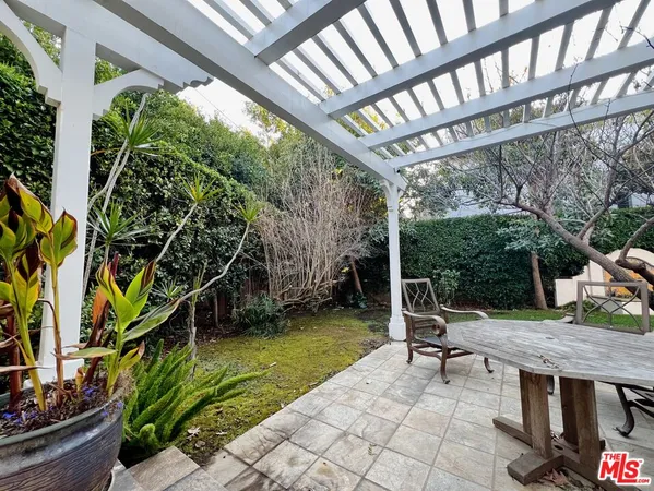 a backyard of a house with table and chairs