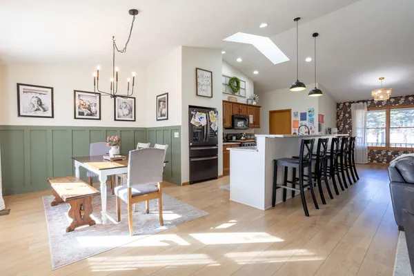 a view of a dining room with furniture