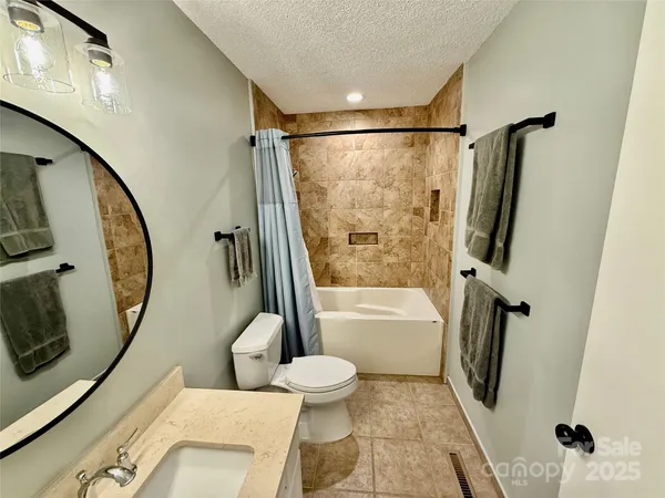 a bathroom with a tub toilet a sink and a mirror