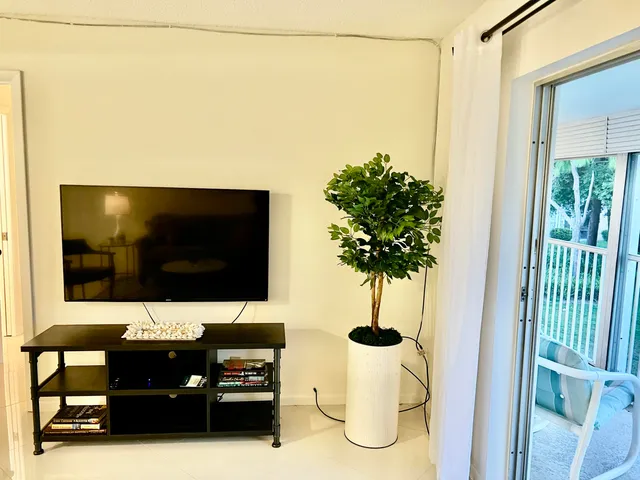 a living room with a flat screen tv and potted plant