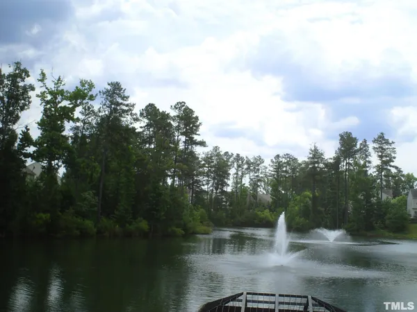 a view of a lake with houses in back