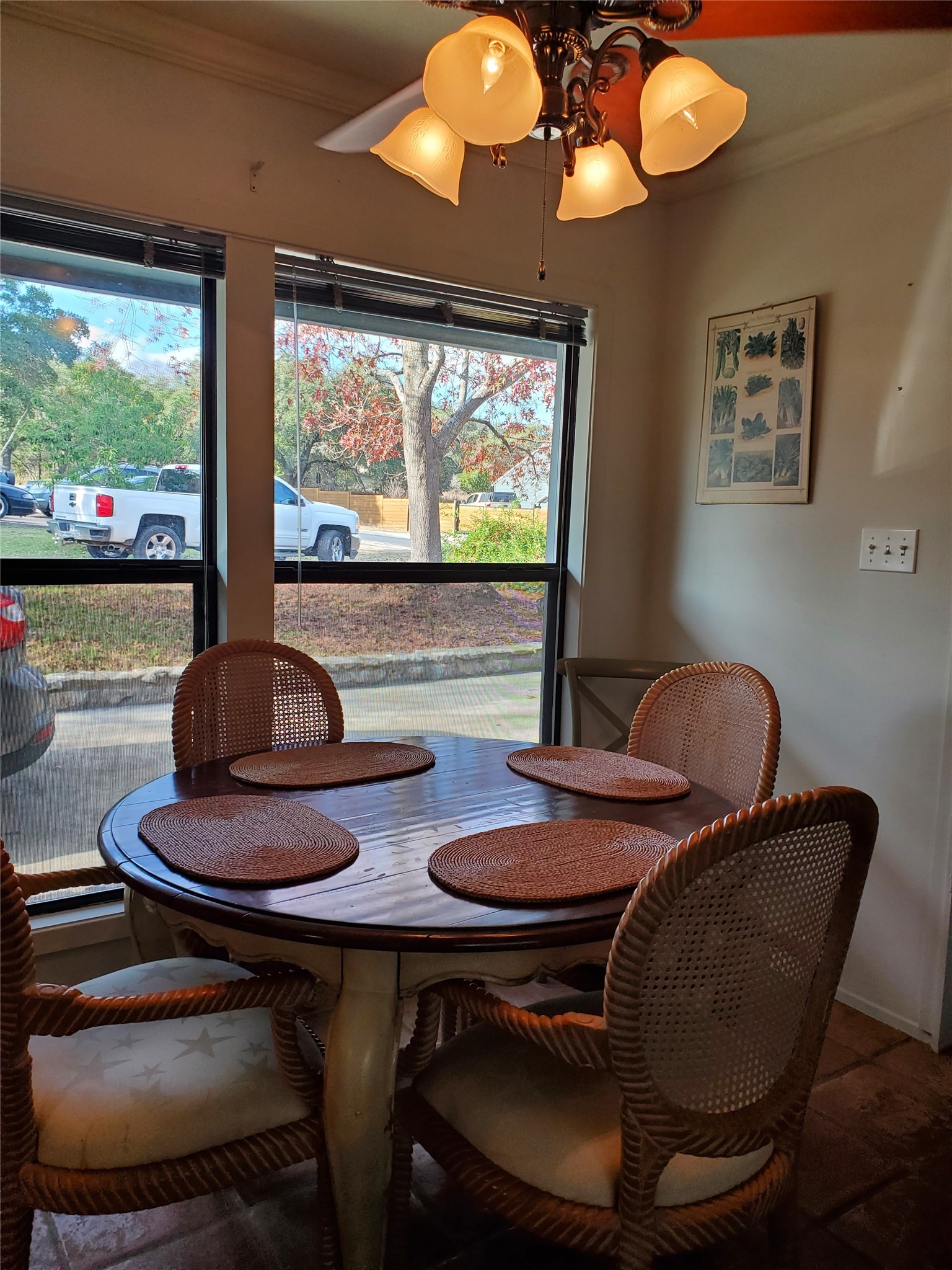 47 Presidio Road Wimberley, TX 78676 - Photo 1 of 12 A cozy eat-in kitchen with a ceiling fan overhead, perfect for casual dining and enjoying views of the outdoors.
