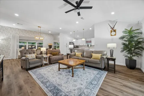 a living room with furniture and a potted plant