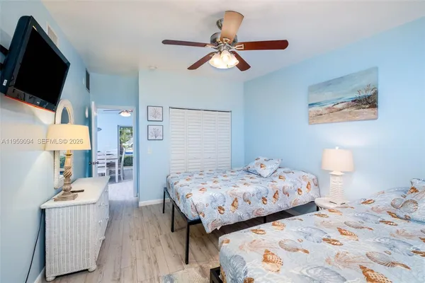 a bedroom that has a bed and a flat screen tv