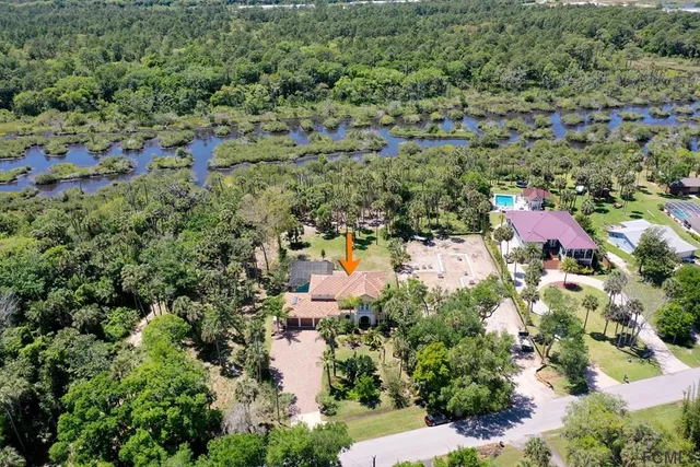 an aerial view of residential houses with outdoor space and trees