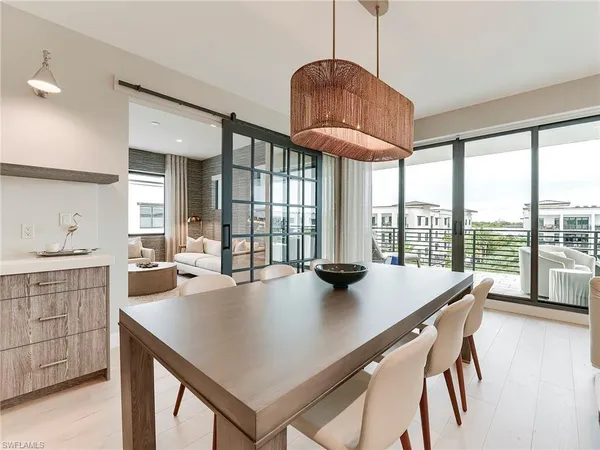 a view of a dining room with furniture window and outside view