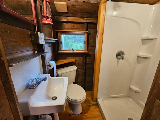 a bathroom with a sink a toilet and shower