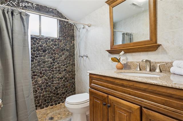 114 South Chelton Road Colorado Springs, CO 80910 - Photo 16 of 18 Basement bathroom featuring vanity, toilet, tile walls, and a shower with curtain