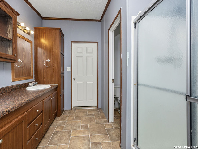 135 Savannah Ridge Von Ormy, TX 78073 - Photo 26 of 45 a bathroom with a granite countertop sink and a mirror