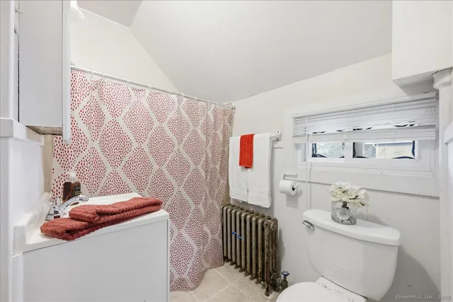 a bathroom with a sink a toilet and shower curtain