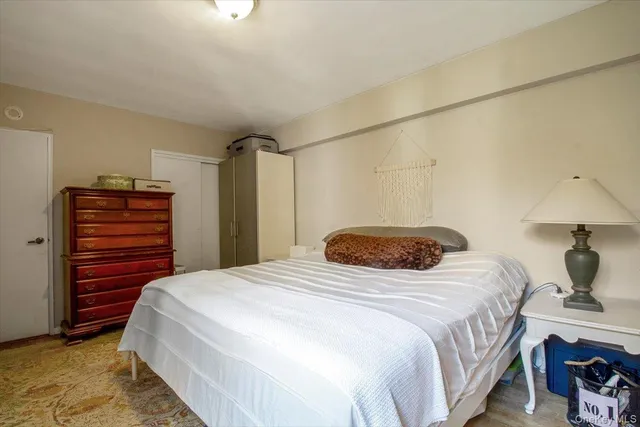 a bedroom with a bed and a closet