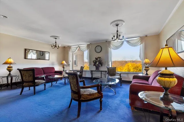 a living room with furniture a rug and a chandelier