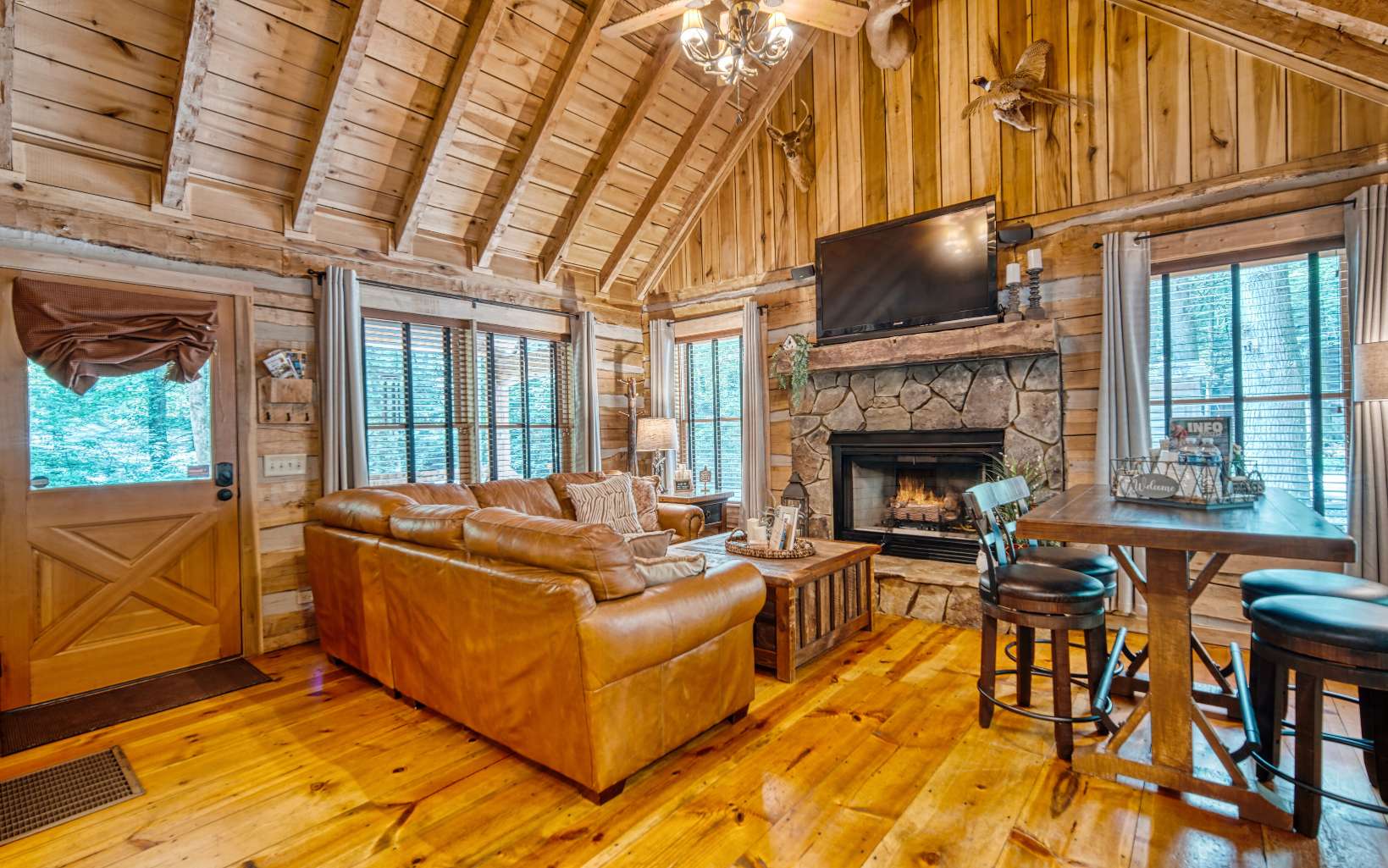 889 Joann Sisson Road Blue Ridge, GA 30513 - Photo 20 of 41 a living room with furniture a flat screen tv and a fireplace