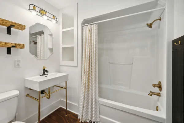 a bathroom with a bathtub